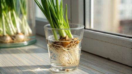 Green onions in a glass of water on the windowsill. Spring conceptの写真素材