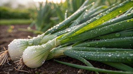 onion growing in the field with dew drops on the leavesの写真素材
