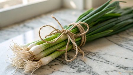 Bunch of spring onions tied with twine on white marble tableの写真素材