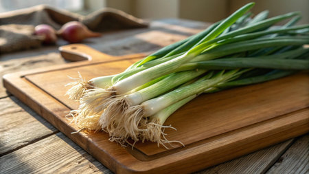 Fresh spring onions on a cutting board on a rustic wooden table
