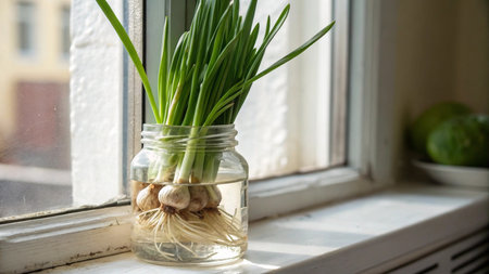 Fresh green onions in a glass jar on the windowsill. Spring concept