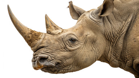 White rhinoceros head isolated on white background with clipping pathの写真素材
