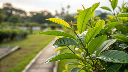 Green tea leaves in the garden at sunrise. Nature green background.の写真素材