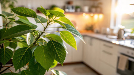 Green leaves of a tree in the interior of a modern kitchen.の写真素材