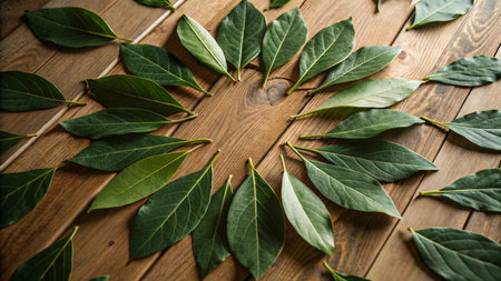 Fresh bay leaves on wooden background, top view, space for textの写真素材
