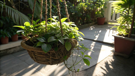 Indoor plants in a basket on the terrace of the houseの写真素材
