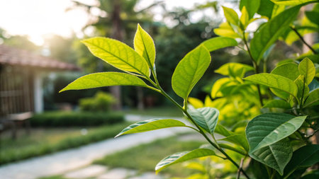 Green leaves of tea tree in the garden with sunlight. Natural background.の写真素材