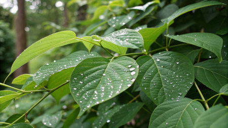 Water droplets on the green leaves of a tree in the forest