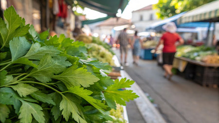 Fresh parsley on the street market in the old town of Vilnius, Lithuaniaの写真素材