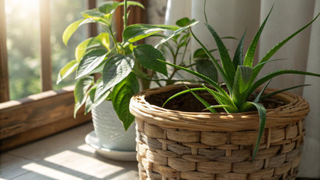 Aloe vera plant in a wicker basket on the windowsillの写真素材