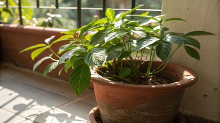 Green plants in terracotta pot on the windowsill with sunlightの写真素材