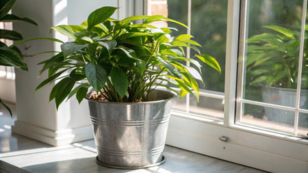 Indoor plant in a metal pot on the windowsill. House plants.の写真素材