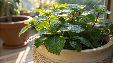 Pepper mint plant in a pot on the terrace at homeの写真素材