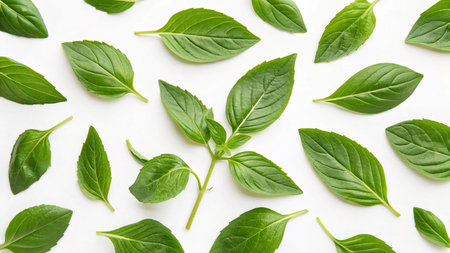 Fresh basil leaves isolated on white background. Top view. Flat lay.の写真素材