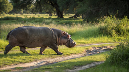 Hippo walking on the road in the national park of Kenyaの写真素材