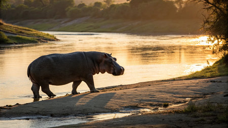 Hippo at sunset in Chobe National Park, Botswana, Africaの写真素材