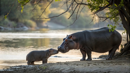 Hippopotamus (Hippopotamus amphibius) and babyの写真素材