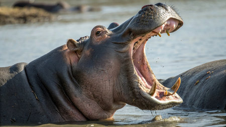 Hippopotamus yawning in Chobe National Park, Botswana, Africaの写真素材