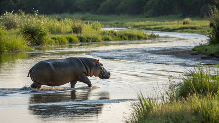 Hippo (Hippopotamus amphibius) in waterの写真素材