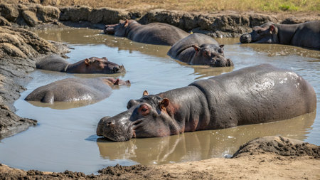 Hippopotamus (Hippopotamus amphibius) in a waterholeの写真素材