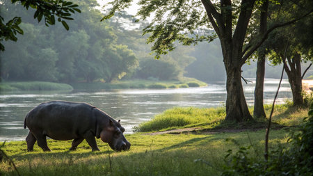 Hippopotamus in the wild at the river bankの写真素材
