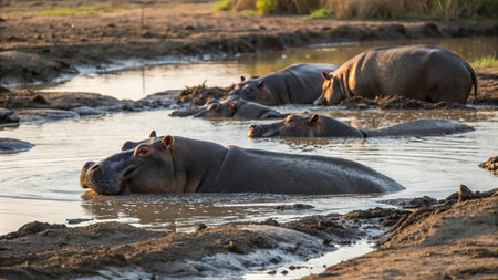 Hippos in Chobe National Park, Botswana, Africaの写真素材