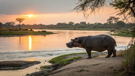 Hippo at sunset in Serengeti National Park, Tanzania