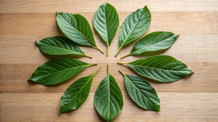Green leaf on wooden table background. Top view with copy space.の写真素材