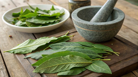 Fresh bay leaves in mortar and pestle on wooden table, closeup