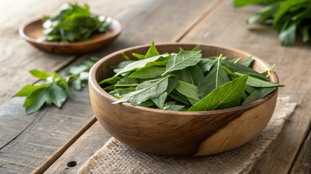 Fresh mint leaves in wooden bowl on rustic wooden background, selective focus.