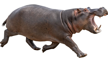 Hippopotamus running isolated on white background, clipping path includedの写真素材