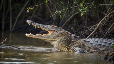 Crocodile with open mouth in the Pantanal, Brazilの写真素材