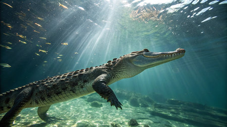 Crocodile swimming underwater with sunrays in the background.