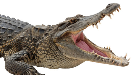 Crocodile open mouth isolated on white background, clipping path includedの写真素材
