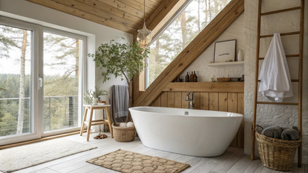 Interior of modern bathroom with white bathtub and wooden beams. Nobody insideの写真素材