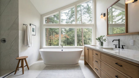 Bathroom interior with white bathtub and window. Nobody inside