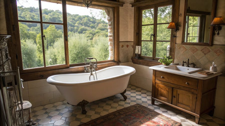 Bathroom in a country house with a view of the mountainsの写真素材