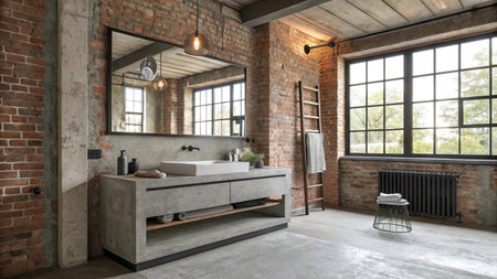 Modern loft bathroom with brick walls, concrete floor and gray sink. 3d renderの写真素材