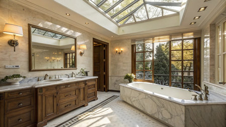 Interior of a luxury bathroom with white walls and a huge windowの写真素材