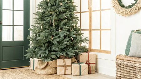 Christmas tree with gift boxes in living room interior - Vintage Light Filterの写真素材