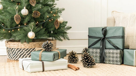 Christmas and New Year background with Christmas tree, gifts and decorations.の写真素材