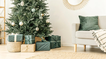 Christmas tree with presents and decorations in living room interior - Vintage Filterの写真素材