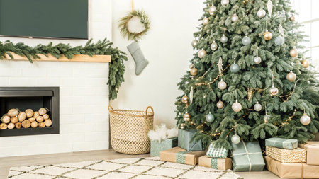 Christmas tree with presents, fireplace and christmas tree at living roomの写真素材