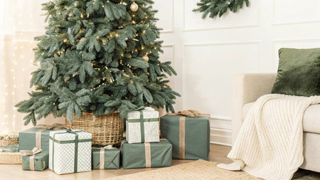 Decorated Christmas tree with gifts in the living room with garlandsの写真素材