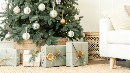 Christmas and New Year background with green fir tree and gift boxes.の写真素材