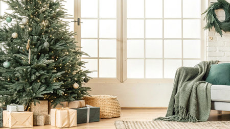 Beautiful Christmas living room interior with decorated Christmas tree, presents and fireplaceの写真素材