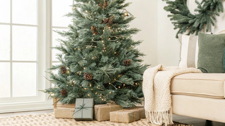 Christmas living room interior with decorated Christmas tree and gifts.の写真素材