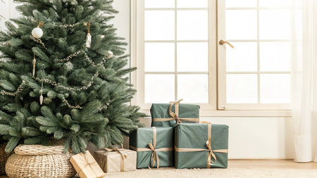 Christmas tree with presents in living room at home. Winter holidays conceptの写真素材