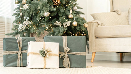 Christmas tree and presents under it in the living room. Christmas backgroundの写真素材