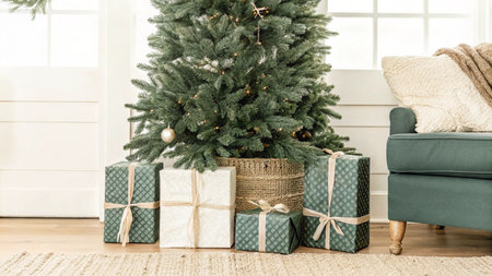Christmas tree with presents under it in living room, vintage color toneの写真素材